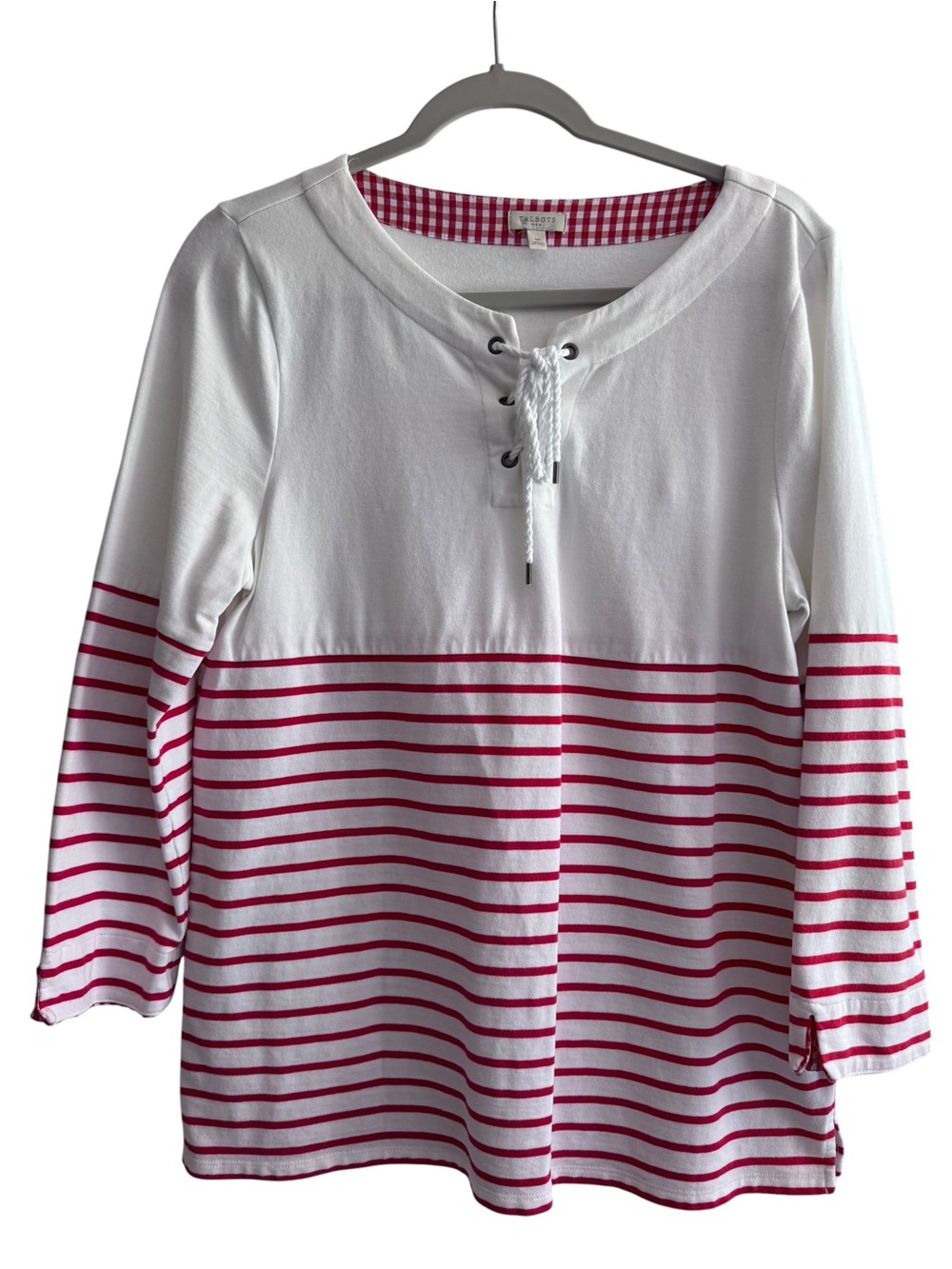Talbots Red White Striped Lace Up Nautical Top Medium Coastal Preppy Nautical